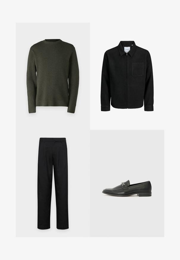 Jachetă neagră cu fermoar, cu guler și un singur buzunar pe piept, expusă pe fundal alb.; Pulover de culoare verde închis, fabricat dintr-un material tricotat moale. Guler rotund, mâneci lungi și o croială lejeră cu o textură fină.; Pantaloni negri dintr-un material neted, cu un design drept, două pliuri frontale și un tiv standard cu bucle pentru curea.; Pantofii negri din piele cu un finisaj neted, având un design cusut și un accent decorativ de lanț metalic peste partea de sus. Toc plat.