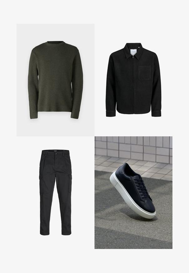 Schwarze Zip-Jacke mit Kragen und einer einzelnen Brusttasche, auf weißem Hintergrund präsentiert.; Dunkelgrüner Pullover, aus einem weichen Strickstoff gefertigt. Runder Ausschnitt, lange Ärmel und eine lockere Passform mit glatter Textur.; Schwarze Cargo-Hose aus robustem Material, mit mehreren Taschen, einem Knopfverschluss und einem Slim-Fit-Design mit schmal zulaufenden Beinen.; Schwarze Leder-Sneaker mit runder Zehenpartie und weißer Gummisohle. Verfügt über flache Schnürsenkel und minimale Nähte im Obermaterial. Strukturiertes Sohlenprofil für besseren Halt.