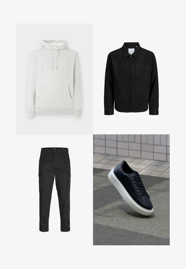 Chaqueta negra con cremallera y cuello, con un solo bolsillo en el pecho, expuesta sobre un fondo blanco.; Sudadera gris claro con capucha ajustable, bolsillo delantero, puños y dobladillo acanalados, y un sutil logo grabado en el pecho.; Pantalones cargo negros hechos de tela resistente, que cuentan con múltiples bolsillos, un cierre de botón y un diseño de corte slim con piernas ajustadas.; Zapatilla de cuero negro con punta redonda y suela de goma blanca. Presenta cordones planos y un mínimo de costuras en la parte superior. Suela texturizada para proporcionar agarre.
