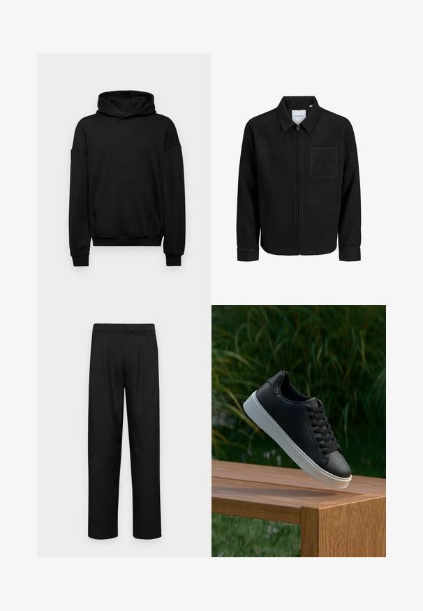 Čierna zipsová bunda s golierom a jednou náprsníkou, vystavená na bielom pozadí.; Čierna mikina s kapucňou vyrobená z bavlneného zmesi, s veľkou prednou vreckom, rebrovanými manžetami a s kapucňou na šnúrku. Jednoduchý, neozdobený dizajn.; Čierne nohavice vyrobené z hladkej tkaniny, s rovnými nohavicami, dvoma prednými skladmi a štandardným pásom s pútkami na opasok.; Čierne kožené tenisky s hladkým povrchom, biela gumená podrážka a šesť dierok na šnúrky, vystavené na drevenom povrchu.