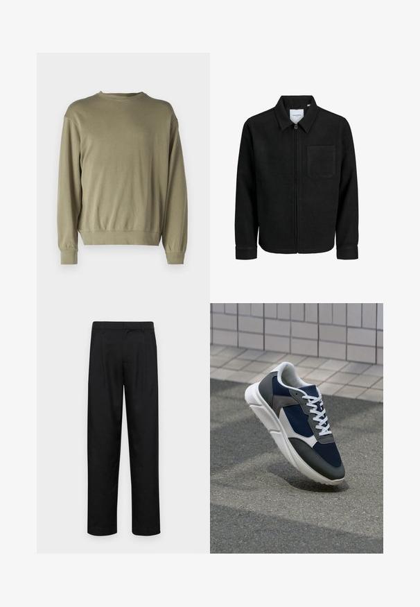 Melna jaka ar rāvējslēdzēju un apkakli, vienu krūšu kabatu, parādīta uz baltas fona.; Olīvu zaļš, garām piedurknēm, sporta krekls, kas izgatavots no mīkstas kokvilnas maisījuma. Tam ir apaļa dekoltē un ribotās piedurknes, kā arī brīvs piegriezums.; Melnas bikses, izgatavotas no gludas auduma, ar taisnu kāju dizainu, divām priekšējām krokām un standarta jostu, kurai ir āķi.; Sporta apavi ar tumši zilas krāsas tīkla augšdaļu, pelēku zamšādas akcentiem, baltu gumijas zoli un plakaniem baltiem šņorēm, kas izstrādāti komfortam un elpojamībai.