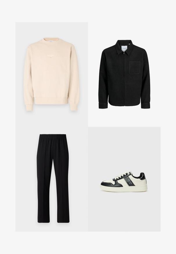 Zwarte zip-up jas met kraag en enkele borstzak, weergegeven op een witte achtergrond.; Beige sweatshirt gemaakt van zachte stof, met een ronde hals, ribgebreide mouwen en een klein wit logo op de borst.; Zwarte, elastische broek met rechte pijpen, met een gladde textuur en zonder zichtbare patronen of hardware.; Leren sneakers met een zwart en crèmekleurig kleurenschema, voorzien van geperforeerde accenten, een gevoerde kraag en een gestructureerde buitenzool.