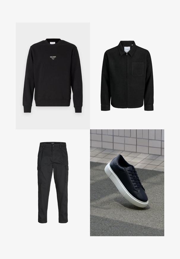 Schwarze Zip-Jacke mit Kragen und einer einzelnen Brusttasche, auf weißem Hintergrund präsentiert.; Schwarzer Sweatshirt aus Baumwollmischung, mit Rundhalsausschnitt, gerippten Säumen und kleinem weißen Logo-Text auf der Brust. Glatte Textur.; Schwarze Cargo-Hose aus robustem Material, mit mehreren Taschen, einem Knopfverschluss und einem Slim-Fit-Design mit schmal zulaufenden Beinen.; Schwarze Leder-Sneaker mit runder Zehenpartie und weißer Gummisohle. Verfügt über flache Schnürsenkel und minimale Nähte im Obermaterial. Strukturiertes Sohlenprofil für besseren Halt.