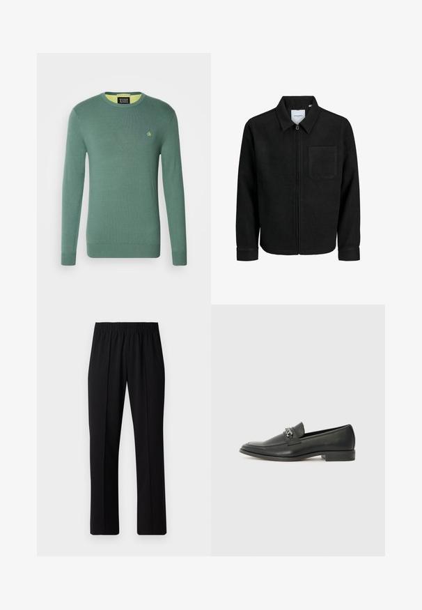 Black zip-up jacket with collar and single chest pocket, displayed on white background.; Green knitted sweater featuring a round neckline, long sleeves, and a small yellow logo on the chest. Smooth texture with ribbed cuffs.; Black, elastic-waist trousers with a straight-leg design, featuring a smooth texture and no visible patterns or hardware.; Black leather loafer with a smooth finish, featuring a stitched design and a decorative metal chain accent across the vamp. Flat heel.