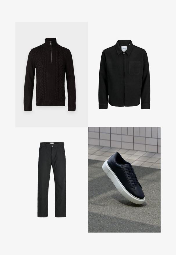 Čierna zipsová bunda s golierom a jednou náprsníkou, vystavená na bielom pozadí.; Čierny pletený sveter s vysokým golierom a polovičným zipsom. Obsahuje textúrované vzory pripomínajúce kabelovanie a rebrované manžety a lem.; Čierne nohavice vyrobené z odolného materiálu, s rovnými nohavicami, prešitými detailmi a dvoma prednými vreckami pre väčšiu funkčnosť.; Čierne kožené tenisky s okrúhlou špičkou a bielou gumovou podrážkou. Majú ploché šnúrky a minimálne šitie na vrchu. Textúrovaná podrážka pre lepšiu priľnavosť.