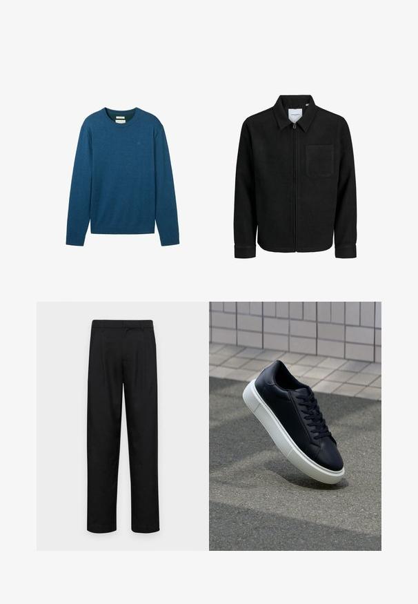 Črna jakna z zadrgo in ovratnikom ter enim žepom na prsih, prikazana na beli podlagi.; Modra dolga majica s crew ovratnikom iz mehkega materiala. Ima rebraste konice rokavov in spodnji del, z diskretnim logotipom vezenim na prsih.; Črne hlače iz gladkega materiala, s krojem ravne noge, dvema sprednjima pregiboma in standardnim pasom z zankami za pas.; Črne usnjene superge z zaobljenim prstom in belim gumijastim podplat. Imajo ravne vezalke in minimalno šivanje na zgornjem delu. Teksturirani podplat za oprijem.