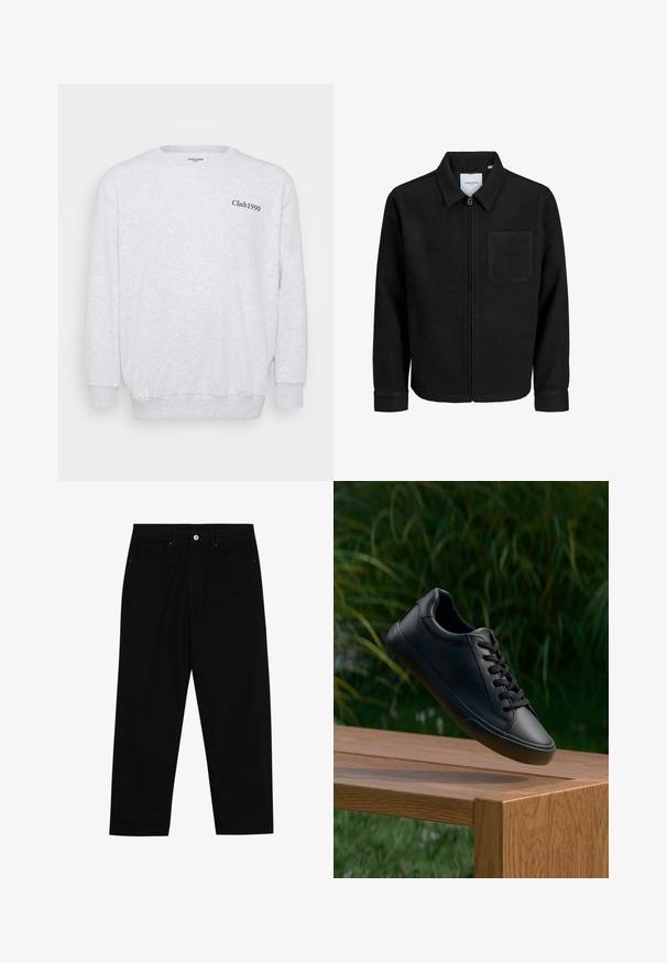 Zwarte zip-up jas met kraag en enkele borstzak, weergegeven op een witte achtergrond.; Lichtgrijs sweatshirt van fleece materiaal. Kenmerken zijn een ronde hals, lange mouwen en de tekst "Club1990" in het zwart gedrukt op de voorkant.; Zwarte denim broek met een recht gesneden pasvorm, vijf gebruikersvriendelijke zakken en een sluiting met een knoop aan de voorkant. Soepele textuur met minimale stikdetails.; Zwarte leren sneaker met een gladde textuur, ronde neus, en platte veters, geplaatst boven een houten oppervlakte met groene gras op de achtergrond.
