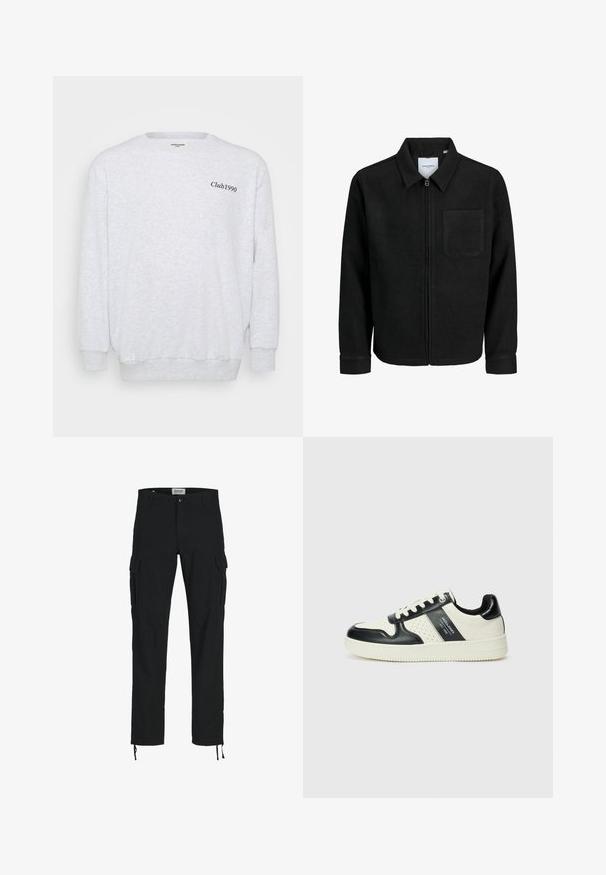 Black zip-up jacket with collar and single chest pocket, displayed on white background.; Light gray sweatshirt made of fleece material. Features a crew neck, long sleeves, and "Club1990" printed in black on the front.; Black cargo pants with a straight cut, featuring side pockets, a button closure, and elastic drawstrings at the ankles. Made from durable fabric.; Leather sneakers with a black and cream color scheme, featuring perforated accents, a padded collar, and a textured outsole.