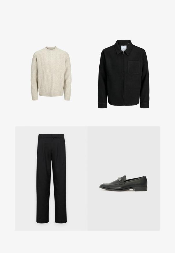 Schwarze Zip-Jacke mit Kragen und einer einzelnen Brusttasche, auf weißem Hintergrund präsentiert.; Beiger, gerippter Pullover mit rundem Halsausschnitt, langen Ärmeln und strukturiertem Gewebe. Mit geradem Saum und elastischen Bündchen.; Schwarze Hose aus glattem Stoff, mit geradem Bein Design, zwei vorderen Falten und einem Standardbund mit Gürtelschlaufen.; Schwarzer Lederloafer mit glatter Oberfläche, ausgestattet mit einer gesteppten Gestaltung und einem dekorativen Metallkettendetail über dem Vorderblatt. Flacher Absatz.