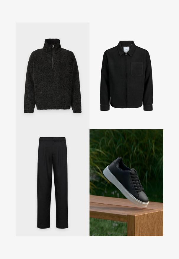 Giacca nera con zip, colletto e una tasca sul petto, mostrata su sfondo bianco.; Pullover in felpa nera con colletto alto e zip a un quarto sul davanti. Caratterizzato da un tessuto morbido e texturizzato e maniche lunghe.; Pantaloni neri realizzati in tessuto liscio, caratterizzati da un taglio dritto, due pieghe frontali e una vita standard con passanti per la cintura.; Sneaker in pelle nera con una texture liscia, suola in gomma bianca e sei grommet per i lacci, posizionata su una superficie di legno.