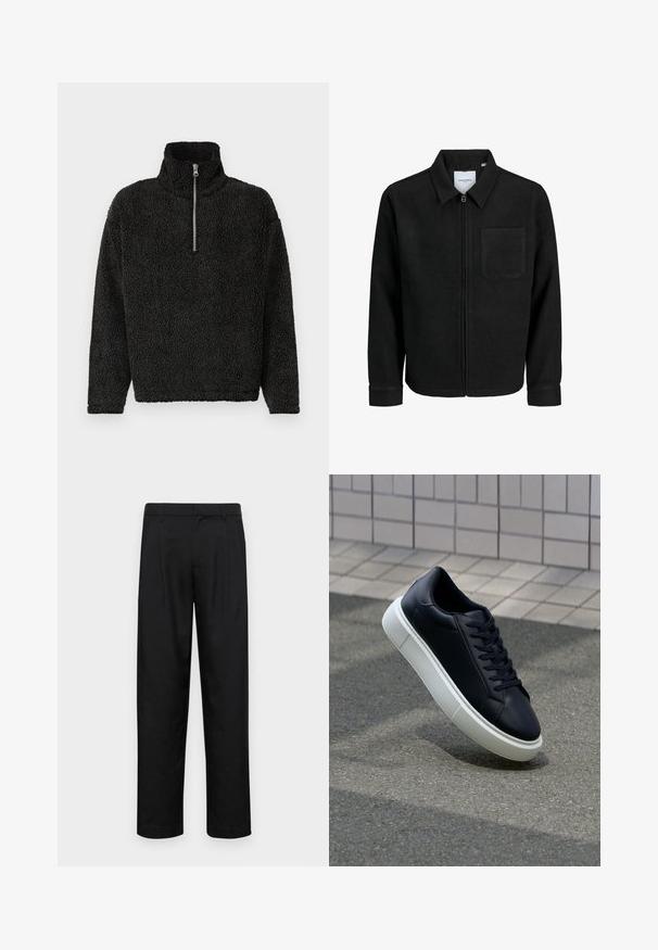Chaqueta negra con cremallera y cuello, con un solo bolsillo en el pecho, expuesta sobre un fondo blanco.; Sudadera de forro polar negra con cuello alto y cierre de cremallera de un cuarto en la parte delantera. Presenta una tela suave y texturizada, y mangas largas.; Pantalones negros de tela suave, con un diseño de pierna recta, dos pliegues frontales y una cintura estándar con trabillas para el cinturón.; Zapatilla de cuero negro con punta redonda y suela de goma blanca. Presenta cordones planos y un mínimo de costuras en la parte superior. Suela texturizada para proporcionar agarre.