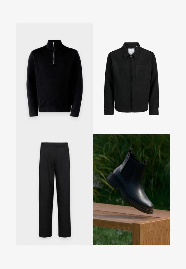 Črna jakna z zadrgo in ovratnikom ter enim žepom na prsih, prikazana na beli podlagi.; Črn pulover s visokim ovratnikom in pol zadrgo. Narejen iz rebraste tkanine, ima dolge rokave in gladko teksturo.; Črne hlače iz gladkega materiala, s krojem ravne noge, dvema sprednjima pregiboma in standardnim pasom z zankami za pas.; Črne usnjene gležnjarje z elastičnimi stranskimi paneli, ki lebdijo nad leseno klopjo, v ozadju zelena rastlinje.