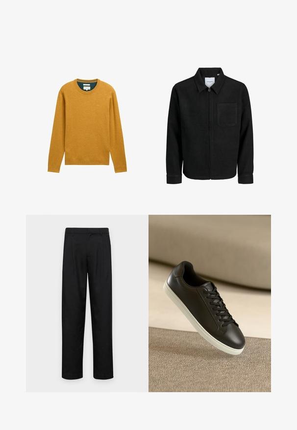 Čierna zipsová bunda s golierom a jednou náprsníkou, vystavená na bielom pozadí.; Horčicovožltý sveter s dlhými rukávmi a okrúhlym výstrihom. Vyrobený z mäkkého materiálu, s rebrovanými krajmi a malým logom na hrudi.; Čierne nohavice vyrobené z hladkej tkaniny, s rovnými nohavicami, dvoma prednými skladmi a štandardným pásom s pútkami na opasok.; Čierne kožené tenisky s bielou gumovou podrážkou a čiernymi šnúrkami, umiestnené na béžovom textilnom povrchu a pozadí.