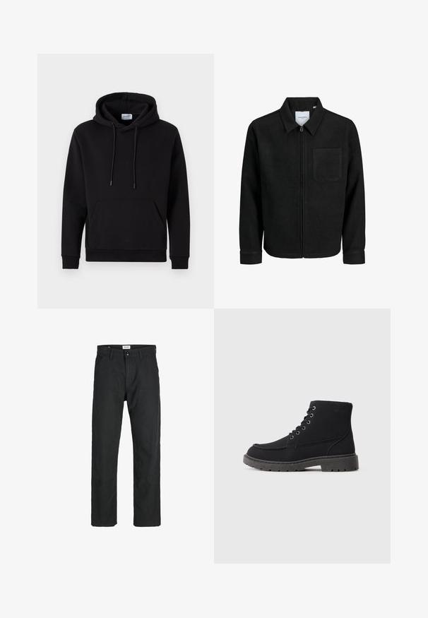 Sort lynlåsjakke med krave og en enkelt brystlomme, vist på hvid baggrund.; Sort hættetrøje lavet af bomuldsrigt stof, med en forlommek, snoretræk i hætten og ribbede manchetter. Enkel og afslappet design.; Sorte bukser lavet af holdbart stof, med en lige pasform, syede detaljer og to forlommer for funktionalitet.; Sorte ankelstøvler lavet af struktureret materiale med flad sål, rund tå og seks hulrums snøring. Forstærket syning langs kanten.
