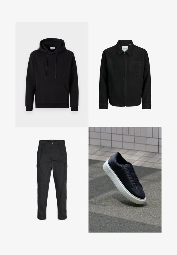 Veste zippée noire avec col et poche poitrine unique, présentée sur fond blanc.; Haut à capuche noir en tissu riche en coton, avec une poche avant, un capuche à cordon de serrage et des poignets côtelés. Design simple et décontracté.; Pantalons cargo noirs en tissu résistant, dotés de plusieurs poches, d'une fermeture par bouton et d'une coupe slim avec des jambes fuselées.; Baskets noires en cuir avec bout arrondi et semelle en caoutchouc blanc. Elles présentent des lacets plats et une couture minimale sur la tige. Semelle texturée pour une bonne adhérence.