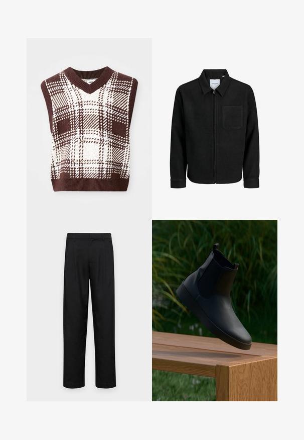 Črna jakna z zadrgo in ovratnikom ter enim žepom na prsih, prikazana na beli podlagi.; Rjav in smetana karirast pleteni brezrokavnik z obliko V-izreza in ribanim robom, ki prikazuje različne karirane vzorce in teksture.; Črne hlače iz gladkega materiala, s krojem ravne noge, dvema sprednjima pregiboma in standardnim pasom z zankami za pas.; Črne usnjene gležnjarje z elastičnimi stranskimi paneli, gladke teksture, okrogle nosne prednice in ravnim podplatom, postavljene nad leseno mizo v ozadju z zelenjem.