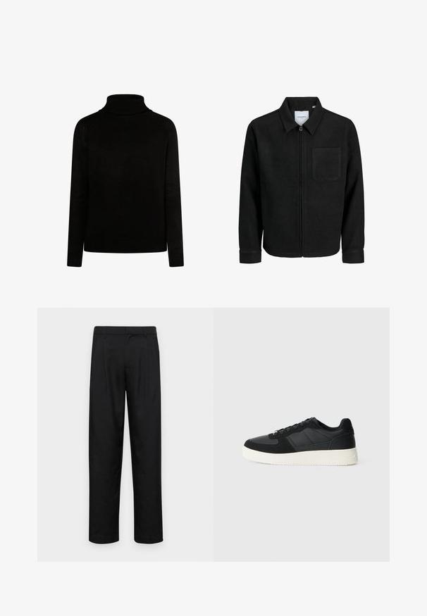 Black zip-up jacket with collar and single chest pocket, displayed on white background.; Black turtleneck sweater in a ribbed texture, with long sleeves and a fitted silhouette. Features knit detailing at the collar and cuffs.; Black trousers made of smooth fabric, featuring a straight-leg design, two front pleats, and standard waistband with belt loops.; Black low-top sneaker with textured leather and suede panels, white rubber sole, and black laces on a plain light background.