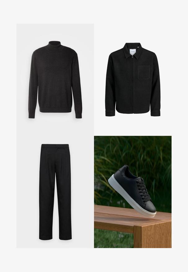 Melna jaka ar rāvējslēdzēju un apkakli, vienu krūšu kabatu, parādīta uz baltas fona.; Tumši pelēks augsts kakls džemperis, izgatavots no mīkstas, struktūras auduma; tam ir garas piedurknes un pieguļošs siluets, kā arī ribota apkakle un apakšmala.; Melnas bikses, izgatavotas no gludas auduma, ar taisnu kāju dizainu, divām priekšējām krokām un standarta jostu, kurai ir āķi.; Melnās ādas sporta apavi ar gludu tekstūru, baltu gumijas zoli un sešiem caurumiem šņorešanai, novietoti uz koka virsmas.