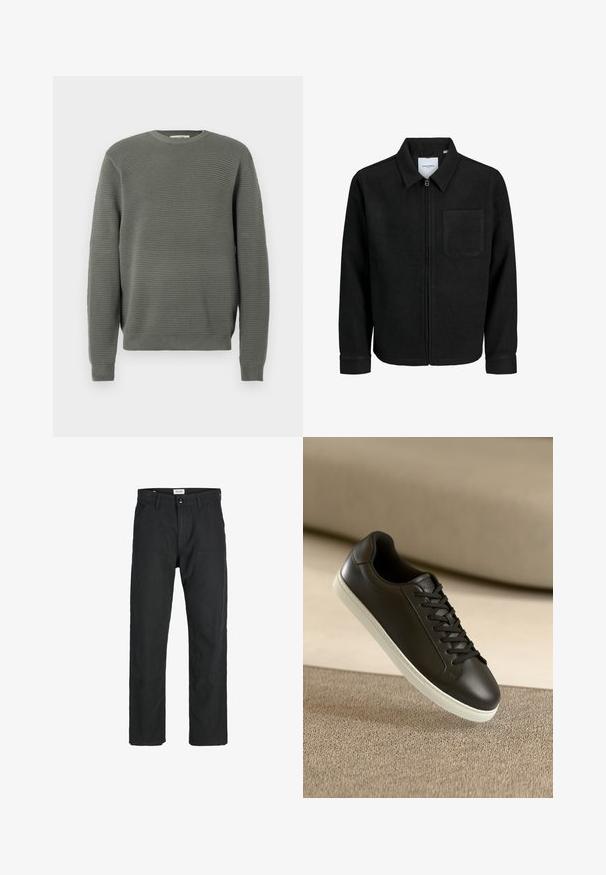 Čierna zipsová bunda s golierom a jednou náprsníkou, vystavená na bielom pozadí.; Zelený rebrovaný sveter s crew krkom, textúrovanou tkaninou, dlhými rukávmi a rebrovanými manžetami a spodným okrajom. Jednoduchý strih v priamom rezaní.; Čierne nohavice vyrobené z odolného materiálu, s rovnými nohavicami, prešitými detailmi a dvoma prednými vreckami pre väčšiu funkčnosť.; Čierne kožené tenisky s bielou gumovou podrážkou a čiernymi šnúrkami, umiestnené na béžovom textilnom povrchu a pozadí.