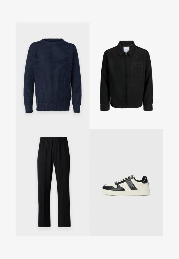 Giacca nera con zip, colletto e una tasca sul petto, mostrata su sfondo bianco.; Maglione lavorato a maglia blu navy con una texture a coste, scollatura rotonda e maniche a raglan. Caratterizzato da una vestibilità dritta e polsini e orlo a coste.; Pantaloni neri con vita elasticizzata e design a gamba dritta, caratterizzati da una texture liscia e senza motivi o hardware visibili.; Sneakers in pelle con una combinazione di colori nero e crema, dotati di dettagli perforati, collare imbottito e suola testurizzata.