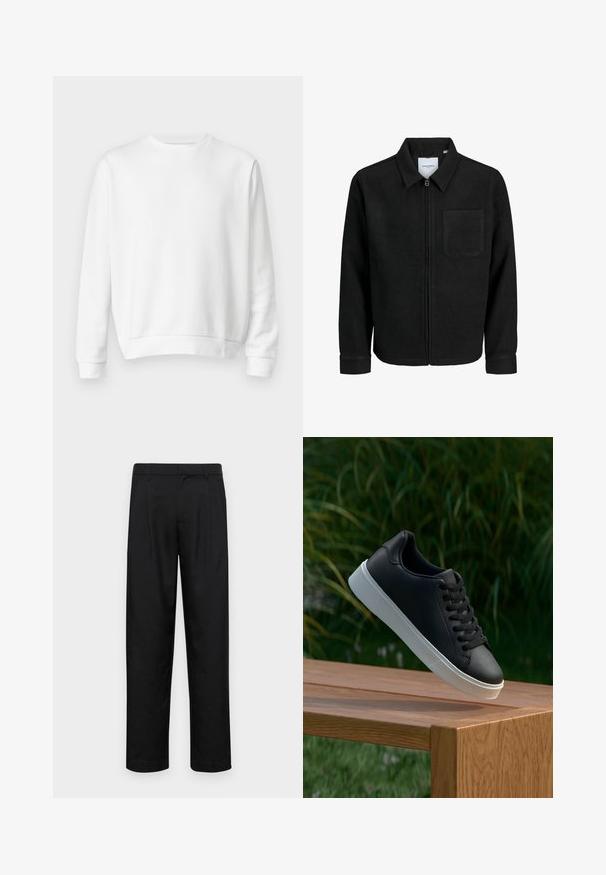 Musta vetoketjullinen takki, jossa on kaulus ja yksi rintatasku, esitelty valkoista taustaa vasten.; Valkoinen crewneck-huppari, joka on valmistettu pehmeästä puuvillakankaasta. Pitkät hihat, ribbaatut hihansuut ja helma, sileä pinta ja minimalistinen muotoilu.; Mustat housut, jotka on valmistettu sileästä kankaasta, suoran lahkeen muotoilulla, kahdella etupleekillä ja tavanomaisella vyötäröllä, jossa on vyölenkit.; Musta nahkakengät, joissa on sileä pinta, valkoinen kumipohja ja kuusi aukkoa nauhoille, esillä puupinnalla.