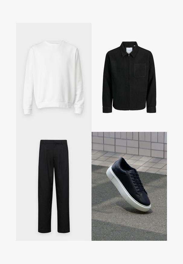 Black zip-up jacket with collar and single chest pocket, displayed on white background.; White crewneck sweatshirt made from soft cotton fabric. Long sleeves, ribbed cuffs and hem, smooth texture, and minimalistic design.; Black trousers made of smooth fabric, featuring a straight-leg design, two front pleats, and standard waistband with belt loops.; Black leather sneaker with rounded toe and white rubber sole. Features flat laces and minimal stitching on the upper. Textured sole for grip.