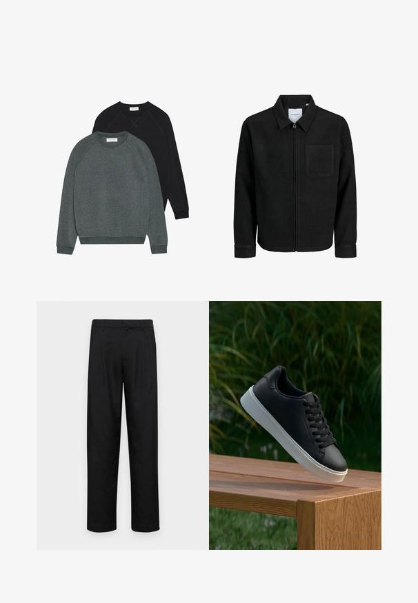 Crna jakna na zip s ovratnikom i jednim džepom na prsima, prikazana na bijeloj pozadini.; Dva dukserica s okruglim izrezom: jedna tamnozelena i jedna crna. Obje imaju raglan rukave, rebraste manžete i mekani, teksturirani materijal.; Crne hlače od glatkog materijala, s dizajnom ravnih nogavica, dva prednja nabora i standardnim pojasom s petljama za remen.; Crne kožne tenisice s glatkom teksturom, bijelim gumeni potplat i šest rupica za vezice, izložene na drvenoj površini.