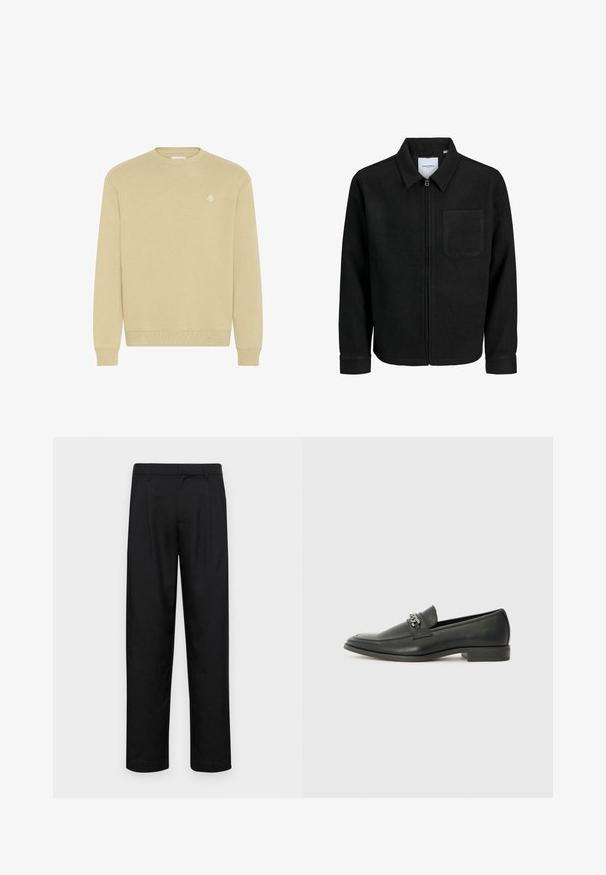 Sort lynlåsjakke med krave og en enkelt brystlomme, vist på hvid baggrund.; Beige rundhalset sweatshirt lavet af blødt stof, med ribbede ærmer og kant, samt et lille logo broderet på brystet.; Sorte bukser lavet af glat stof, med et lige ben-design, to frontfolder og en standard talje med bæltestropper.; Sorte læder loafers med en glat finish, der har et syet design og et dekorativt metal kædeaccent hen over vamps. Flad hæl.