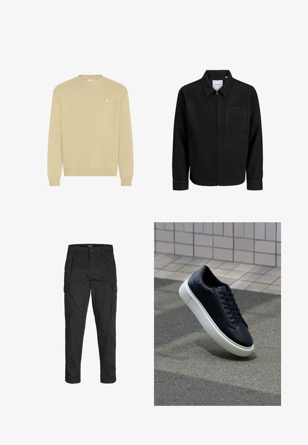 Melna jaka ar rāvējslēdzēju un apkakli, vienu krūšu kabatu, parādīta uz baltas fona.; Bēšas krūštura džemperis, kas izgatavots no mīksta auduma, ar ribinātiem galiem un piedurknēm, ar nelielu izšūtu logo uz krūšu.; Melnas kravas bikses, izgatavotas no izturīga auduma, ar vairākiem kabatām, pogu aizdari un šaura piegriezuma dizainu ar sašaurinātiem kāju apakšiem.; Melnas ādas kedas ar noapaļotu pirkstu un baltu gumijas zoli. Iespējas - plakanas šņorītes un minimāla apdare augšdaļā. Struktūrēta zole, lai nodrošinātu saķeri.