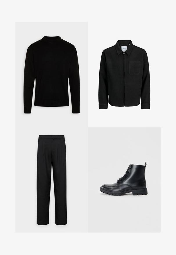 Schwarze Zip-Jacke mit Kragen und einer einzelnen Brusttasche, auf weißem Hintergrund präsentiert.; Schwarzer, gestrickter Pullover mit hohem, geripptem Kragen. Lange Ärmel und gerippte Bündchen sowie Saum. Glatte Textur mit einem einfachen, klassischen Design.; Schwarze Hose aus glattem Stoff, mit geradem Bein Design, zwei vorderen Falten und einem Standardbund mit Gürtelschlaufen.; Schwarze Leder-Stiefeletten mit runder Zehenform, Schnürung vorne und genähten Details. Mit einer Zuglasche hinten und einer strukturierten Gummisohle.