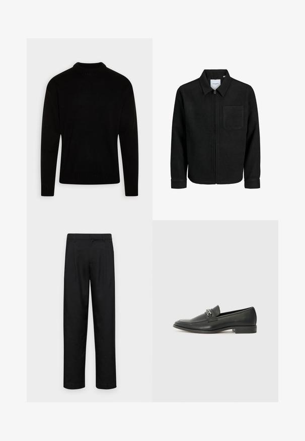 Black zip-up jacket with collar and single chest pocket, displayed on white background.; Black knitted sweater with a high, ribbed neckline. Long sleeves and ribbed cuffs and hem. Smooth texture with a simple, classic design.; Black trousers made of smooth fabric, featuring a straight-leg design, two front pleats, and standard waistband with belt loops.; Black leather loafer with a smooth finish, featuring a stitched design and a decorative metal chain accent across the vamp. Flat heel.