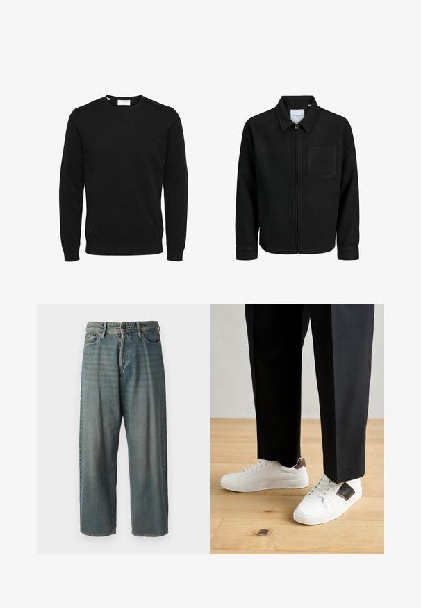 Fekete, zipzáros dzseki gallérral és egyetlen mellzsebbel, fehér háttéren.; Fekete kötött pulóver, kerek nyakkivágással, hosszú ujjal, bordás mandzsettákkal és szegéllyel. Egyszerű dizájn, sima textúra, nincsenek látható minták vagy kiemelések.; Világoskék farmernadrág, laza fazonnal, közepes derékbőséggel és egyenes szárral. Öt zsebet, övbucskát és gombos záródást tartalmaz.; Fehér sneaker, sima textúrával, barna bőr díszítéssel és fekete részletekkel, fekete szabott nadrággal párosítva. Fából készült padló háttér.