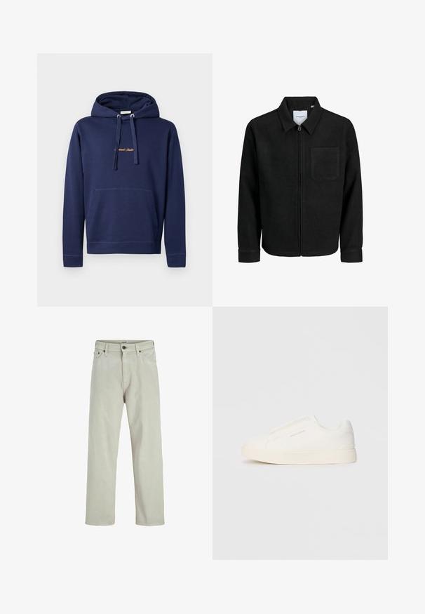 Zwarte zip-up jas met kraag en enkele borstzak, weergegeven op een witte achtergrond.; Marineblauwe hoodie van katoen met een kangoeroezak, capuchon met trekkoord en geborduurde tekst op de borst. Eenvoudig ontwerp met geribbelde manchetten.; Licht beige denim jeans met een recht model, vijf-pocket stijl en een knoopsluiting bij de taille, met minimale stikdetails.; Witte instap sneakers met een gestructureerd oppervlak, een dikke zool en een minimalistisch ontwerp. Bevat het merklogo aan de zijkant.