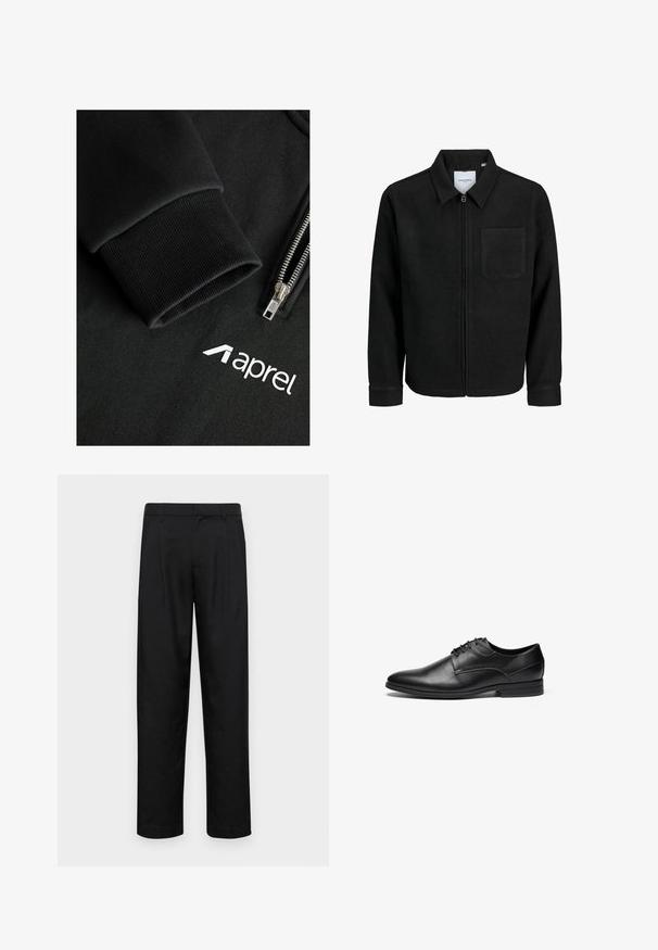 Schwarze Zip-Jacke mit Kragen und einer einzelnen Brusttasche, auf weißem Hintergrund präsentiert.; Schwarzer Hoodie mit Reißverschluss aus glattem, strukturiertem Stoff, mit gerippten Bündchen und weißem "aprel"-Logo auf der Brust.; Schwarze Hose aus glattem Stoff, mit geradem Bein Design, zwei vorderen Falten und einem Standardbund mit Gürtelschlaufen.; Schwarze Leder- dressschuhe mit glatter Textur, abgerundeter Spitze und vier Ösen Schnürdesign. Verfügt über einen niedrigen gestapelten Absatz und genähte Details.