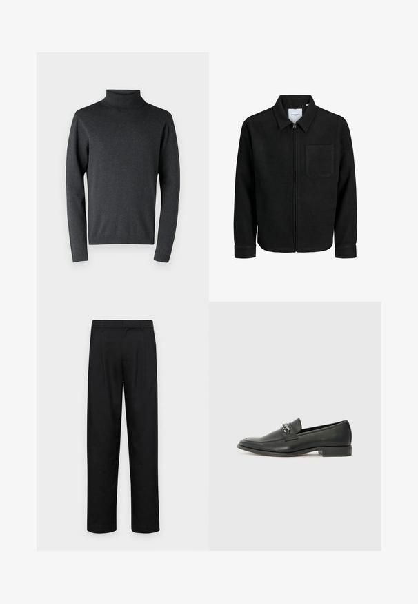 Sort lynlåsjakke med krave og en enkelt brystlomme, vist på hvid baggrund.; Mørkegrå sweater med høj hals lavet af blødt materiale, med lange ærmer og ribstrikkede manchetter og kant, samt en glat og jævn struktur.; Sorte bukser lavet af glat stof, med et lige ben-design, to frontfolder og en standard talje med bæltestropper.; Sorte læder loafers med en glat finish, der har et syet design og et dekorativt metal kædeaccent hen over vamps. Flad hæl.