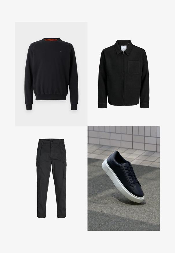 Melna jaka ar rāvējslēdzēju un apkakli, vienu krūšu kabatu, parādīta uz baltas fona.; Melnas garās piedurknes kreklainās krekls ar ribotām piedurknēm un apakšmalu, neliels logo uz krūšu daļas, attēlots uz vienkārša baltā fona.; Melnas kravas bikses, izgatavotas no izturīga auduma, ar vairākiem kabatām, pogu aizdari un šaura piegriezuma dizainu ar sašaurinātiem kāju apakšiem.; Melnas ādas kedas ar noapaļotu pirkstu un baltu gumijas zoli. Iespējas - plakanas šņorītes un minimāla apdare augšdaļā. Struktūrēta zole, lai nodrošinātu saķeri.