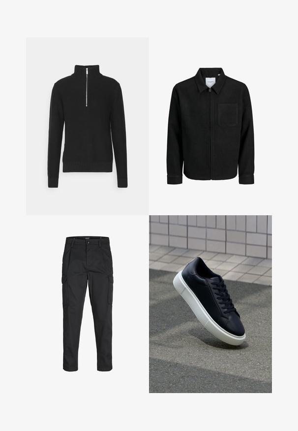 Melna jaka ar rāvējslēdzēju un apkakli, vienu krūšu kabatu, parādīta uz baltas fona.; Melnā adīta džemperis ar augstu apkakli, ar rāvējslēdzēju, ribotām piedurknēm un apakšmalu, ar gludu tekstūru un piegriezumu, kas cieši pieguļ.; Melnas kravas bikses, izgatavotas no izturīga auduma, ar vairākiem kabatām, pogu aizdari un šaura piegriezuma dizainu ar sašaurinātiem kāju apakšiem.; Melnas ādas kedas ar noapaļotu pirkstu un baltu gumijas zoli. Iespējas - plakanas šņorītes un minimāla apdare augšdaļā. Struktūrēta zole, lai nodrošinātu saķeri.