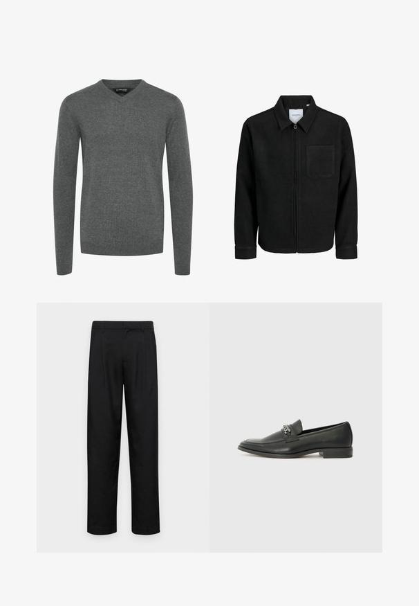 Juodas džemperis su užtrauktuku, apykakle ir vienu krūtiniu kišenėje, pristatytas baltame fone.; Pilkas V-suknelė su ilgomis rankovėmis, pagaminta iš lygaus mezginio audinio. Turi sutrauktus rankogalius ir apatinę dalį, minimalistinis dizainas, be raštų ar dekoracijų.; Juodi kelnių modeliai, pagaminti iš lygios medžiagos, turi tiesią kojas, du priekiniai klostės ir standartinę juosmenį su diržo kilpomis.; Juodos odinės loafer tipo bateliai su lygiu paviršiumi, turintys siuvinėtą dizainą ir dekoratyvų metalo grandinėlės akcentą ant batų viršaus. Plokščias kulnas.