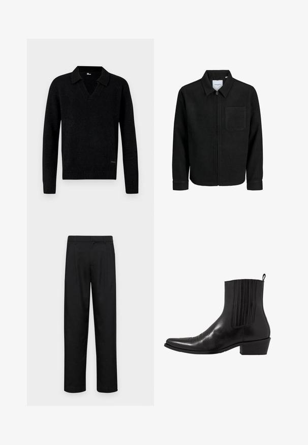 Juodas džemperis su užtrauktuku, apykakle ir vienu krūtiniu kišenėje, pristatytas baltame fone.; Juodas ilgomis rankovėmis megztinis su V formos iškirpte, ribotais rankogaliais ir apačia, pateiktas neutraliame fone.; Juodi kelnių modeliai, pagaminti iš lygios medžiagos, turi tiesią kojas, du priekiniai klostės ir standartinę juosmenį su diržo kilpomis.; Juodas odinis kulkšninis botas su smailiu pirštu, elastingomis šoninėmis dalimis, vertikaliu siuvinėjimu ir žemu stačiakampiu kulnu.