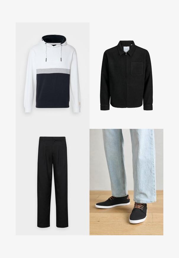 Giacca nera con zip, colletto e una tasca sul petto, mostrata su sfondo bianco.; Felpa con cappuccio con blocchi di colore bianco, grigio e blu navy. Materiale in cotone morbido, con cappuccio regolabile e polsini a coste.; Pantaloni neri realizzati in tessuto liscio, caratterizzati da un taglio dritto, due pieghe frontali e una vita standard con passanti per la cintura.; Sneaker nere in tela con dettagli marroni, suole in gomma bianca e lacci marroni, abbinate a jeans dritti azzurri. Sfondo in legno.