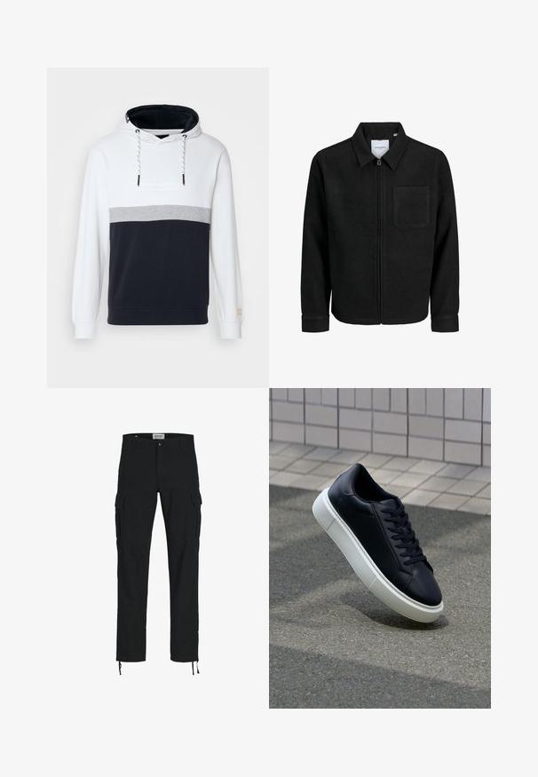 Black zip-up jacket with collar and single chest pocket, displayed on white background.; Hooded sweatshirt with white, gray, and navy color blocking. Soft cotton material, featuring a drawstring hood and ribbed cuffs.; Black cargo pants with a straight cut, featuring side pockets, a button closure, and elastic drawstrings at the ankles. Made from durable fabric.; Black leather sneaker with rounded toe and white rubber sole. Features flat laces and minimal stitching on the upper. Textured sole for grip.