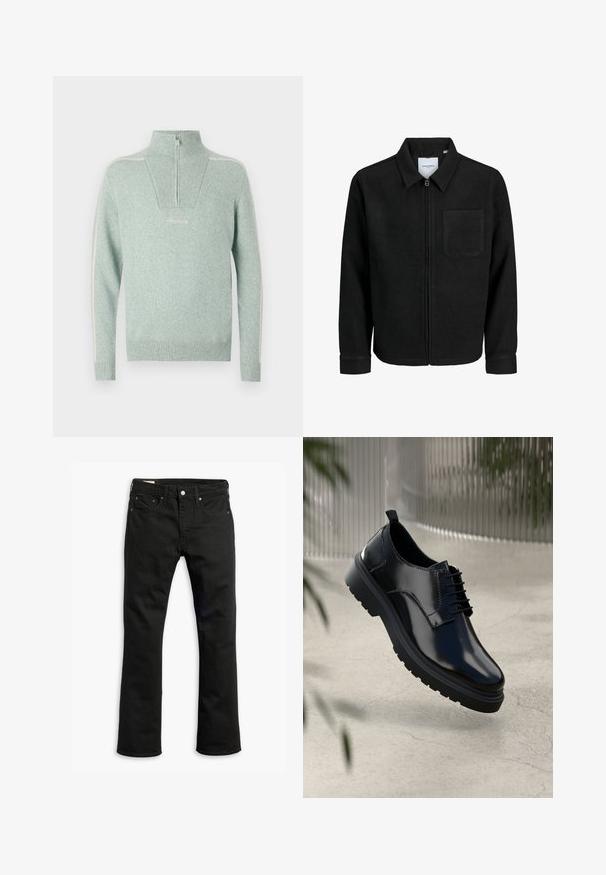 Black zip-up jacket with collar and single chest pocket, displayed on white background.; Light green knit pullover with a high collar, half-zip closure, ribbed texture, and white side stripes. Features logo embroidery on the front.; Black denim jeans with a straight leg design, five pockets, metal button closure, and subtle stitching details. Smooth texture and solid color.; Black leather shoe with a glossy finish, round toe, lace-up design, contrast stitching, and a thick rubber sole with tread patterns.