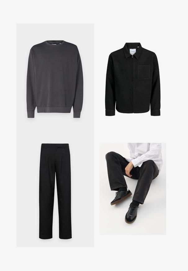 Melna jaka ar rāvējslēdzēju un apkakli, vienu krūšu kabatu, parādīta uz baltas fona.; Tumši pelēks džemperis ar apaļu kakla izgriezumu, garām piedurknēm un ribotām aprocēm un apakšmalu. Izgatavots no mīkstas, teksturētas auduma. Vienkāršs dizains, bez redzamām logo.; Melnas bikses, izgatavotas no gludas auduma, ar taisnu kāju dizainu, divām priekšējām krokām un standarta jostu, kurai ir āķi.; Melnas sporta kurpes ar gludu un teksturētu virsu, apgādātas ar gumijas zoli un tumšiem auklām. Saskaņotas ar melniem džinsiem un baltu svītrainu krekls.
