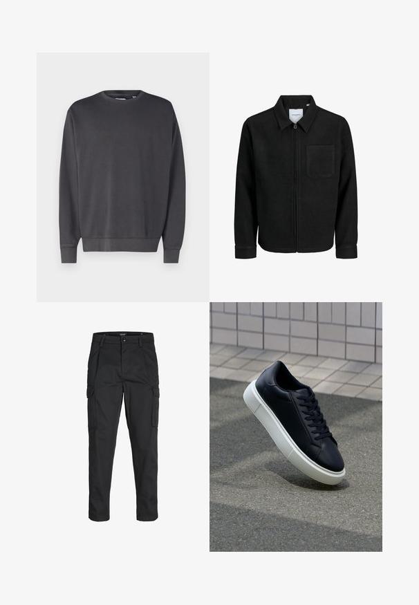 Svart zip-jacka med krage och en enda bröstficka, visad på vit bakgrund.; Mörkgrå sweatshirt med rund hals, långa ärmar och ribbade muddar och fåll. Tillverkad av ett mjukt, texturerat tyg. Enkelt design, inga synliga logotyper.; Svarta cargobyxor tillverkade av hållbart tyg, med flera fickor, knappstängning och en smal passform med avsmalnande ben.; Svart lädersneaker med rundad tå och vit gummisula. Har platta snören och minimal sömnad på ovansidan. Texturerad sula för grepp.