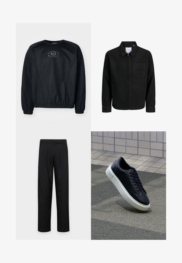 Sort lynlåsjakke med krave og en enkelt brystlomme, vist på hvid baggrund.; Sort sweatshirt med rund hals, ribbede cuffs og bund. Har et subtilt grafisk print på brystet og et glat, let tekstureret stof.; Sorte bukser lavet af glat stof, med et lige ben-design, to frontfolder og en standard talje med bæltestropper.; Sort lædersneaker med rund tå og hvid gummisål. Har flade snørebånd og minimal syning på overdelen. Tekstureret sål for bedre greb.