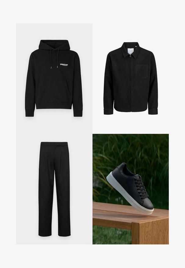 Giacca nera con zip, colletto e una tasca sul petto, mostrata su sfondo bianco.; Felpa nera in cotone con tasca a marsupio frontale, cappuccio con cordino e un piccolo logo bianco sul petto. Polsini e orlo a coste.; Pantaloni neri realizzati in tessuto liscio, caratterizzati da un taglio dritto, due pieghe frontali e una vita standard con passanti per la cintura.; Sneaker in pelle nera con una texture liscia, suola in gomma bianca e sei grommet per i lacci, posizionata su una superficie di legno.