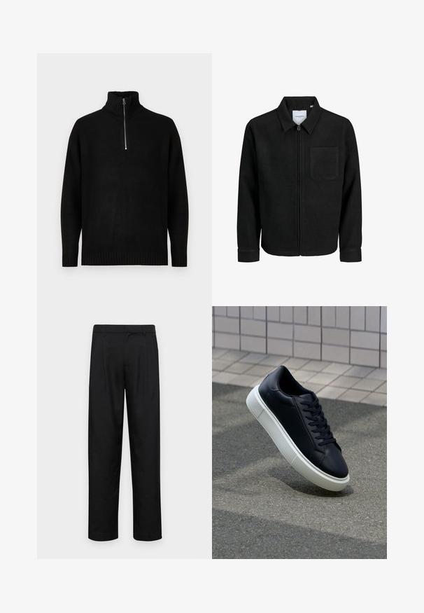 Veste zippée noire avec col et poche poitrine unique, présentée sur fond blanc.; Pull noir en tricot avec un col haut, doté d'une fermeture éclair mi-longue. Manches et ourlet côtelés, texture lisse, design minimaliste.; Pantalons noirs en tissu lisse, avec une coupe droite, deux plis avant et une taille standard avec passants de ceinture.; Baskets noires en cuir avec bout arrondi et semelle en caoutchouc blanc. Elles présentent des lacets plats et une couture minimale sur la tige. Semelle texturée pour une bonne adhérence.