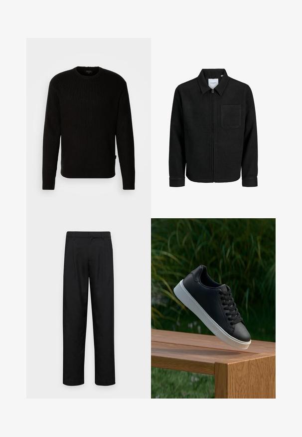 Mustaga lukuga jakker, millel on krae ja üks rinna-tasku, esitatud valgel taustal.; Must mustriba kangas musta sviiter ümmarguse kaeluse ja pikkade varrukatega. Valmistatud tekstureeritud kangast. Omab väikest brändi sildi hemper.; Mustad mustadest riietest, millel on sirge jalgade disain, kaks eesmist voltimist ja tavaline vöökoht, millel on vöökohad.; Must värvi nahast tennisekingad siledast materjalist, valge kummist tald ja kuus aukku paelte jaoks, asetatud puidust pinnale.