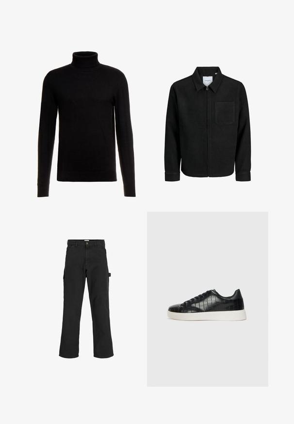 Black zip-up jacket with collar and single chest pocket, displayed on white background.; Black turtleneck sweater made of a soft, knitted fabric; features long sleeves and a ribbed hem and collar for a fitted silhouette.; Black cargo pants in cotton blend fabric. Features wide legs, front slant pockets, and a side pocket with a loop for accessories.; Black sneakers featuring a textured croc-embossed leather upper, rounded toe, and a contrasting white rubber sole with a smooth finish.