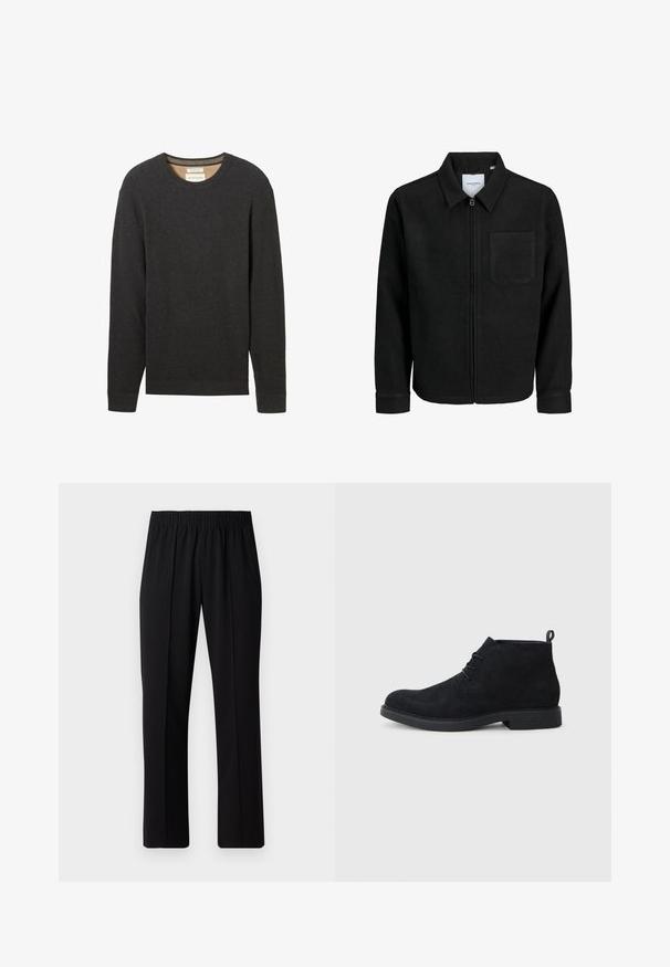 Fekete, zipzáros dzseki gallérral és egyetlen mellzsebbel, fehér háttéren.; Fekete bordás pulóver kerek nyakkivágással és hosszú ujjal. Texturált anyag és egy címke látható a nyaknál.; Fekete, gumíros derekú nadrág egyenes szabással, sima felülettel, látható minták vagy fémrészek nélkül.; Fekete velúr bokacsizmák lekerekített orral, fűzős kialakítással és texturált gumitalppal. Hátsó részen kis húzófül található.